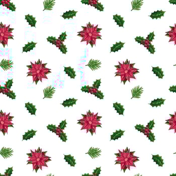 Christmas seamless pattern with holly berries branches and poinsettia flower Vector illustration of seamless background. Christmas decoration for holiday patterns, packaging, designs, wrapping