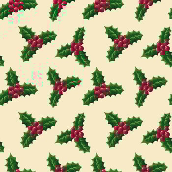 Christmas seamless pattern with holly berries branches and poinsettia flower Vector illustration of seamless background. Christmas decoration for holiday patterns, packaging, designs, wrapping