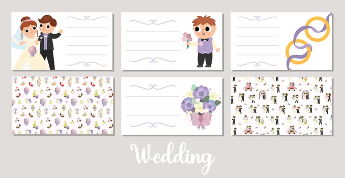 Cute wedding business cards set with just married couple, bride, groom, bridegroom, rings. Vector marriage ceremony print templates. Matrimonial design for tags or party decoration