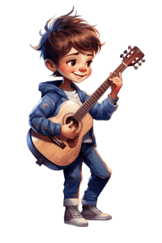AI generated Cartoon boy playing guitar, Cute little boy playing music, transparent background png