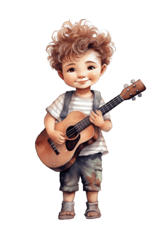 AI generated Cartoon boy playing guitar, Cute little boy playing music, transparent background png