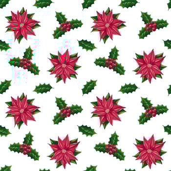 Christmas seamless pattern with holly berries branches and poinsettia flower Vector illustration of seamless background. Christmas decoration for holiday patterns, packaging, designs, wrapping