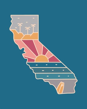 Summer beach design in California map mono line illustration for t shirt sticker badge design vector