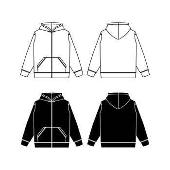 Zip up hoodie sweatshirt flat technical drawing illustration mock-up template for design and tech packs men or unisex fashion CAD streetwear vector