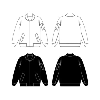 Bomber Jacket Set, Hand drawn jacket outline illustration, casual clothing. Vector technical sketch. Mockup template.