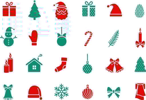 Christmas design elements icon. Jingle bells with bow, ball, fir tree, gift box, cap, cone, candy cane, candle, snowman, Santa Claus. Holiday accessories set. Happy New Year vector illustration.