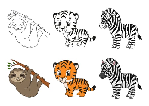 Set coloring page for kids. Cute cartoon characters. Black stroke. With sample. Bright stickers. Vector illustration.