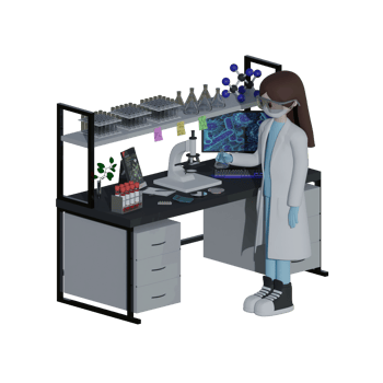 Isometric scientific laboratory equipment with the microscope and laboratory worker png