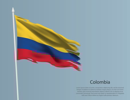Ragged national flag of Colombia. Wavy torn fabric on blue background. vector