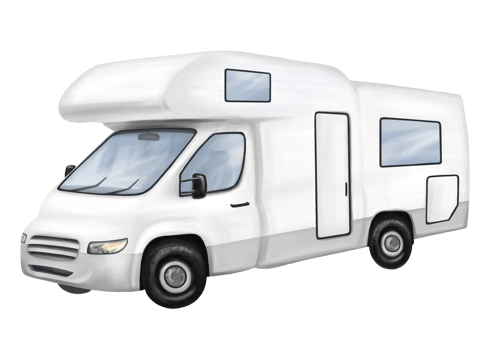A white motorhome for car travelers. A car for tourist trips, adventures, family vacations and company parties. Comfortable outdoor recreation and camping. Digital isolated illustration png
