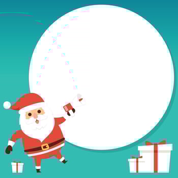 Cartoon Christmas illustrations isolated on pastel. Funny happy Santa Claus character with gift, bag with presents, waving and greeting. For Christmas cards, banners. vector