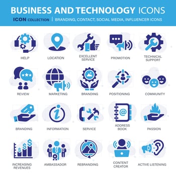 Customer service, branding, influencer, contact icon set. Contact us, follower, marketing, leadership, influence, content, community and customer icons. Support and satisfaction icon set. Vector set