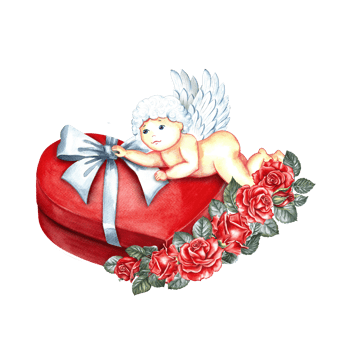 A red heart-shaped gift box with a white bow and a cupid decorated with roses. Hand-drawn watercolor illustration. For Valentine's Day, wedding. For packaging, leaflets, posters and banners, postcards png