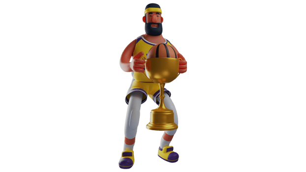 3D illustration. Great Athlete 3D cartoon character. The athlete managed to win the basketball match. The athlete holds the gold trophy he got for winning the match. 3D cartoon character png