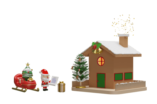 Santa Claus is checking gift boxes with checklist, sleigh, christmas tree, house, fence, jingle bell, gingerbread man, candy cane. merry christmas and happy new year, 3d render illustration png