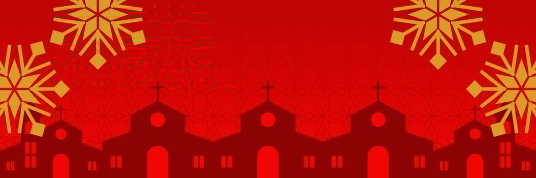 Red Christmas background, with snow ornaments and church silhouette. vector template for banner, poster, social media, Christian holiday greeting card.