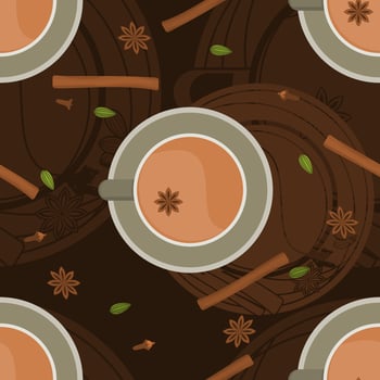 Editable Top View Indian Masala Chai with Assorted Herb Spices Vector Illustration Seamless Pattern With Dark Background for South Asian Beverages Culture and Tradition