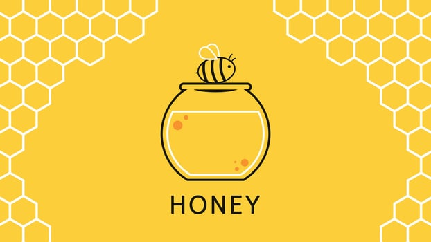 Honey jar and bee vector. Honey logo design. Honeycomb pattern wallpaper. vector
