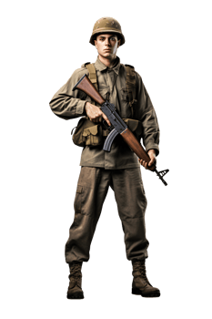 Soldier in WW2 military uniform with assault rifle PNG