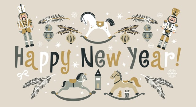 Happy New Year Nutcrackers Vector banner on Light Background. Postcard. Childish rocking horses. Christmas illustration.