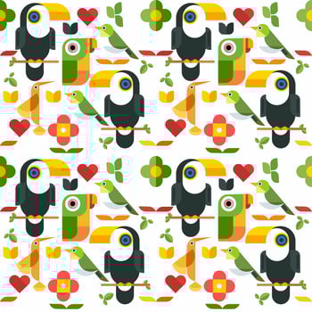 Seamless pattern with jungle birds such as hummingbirds, parrots, toucans and other small birds, with leaf and flower ornaments. Vector illustration, very suitable for backdrops, wrapping paper,
