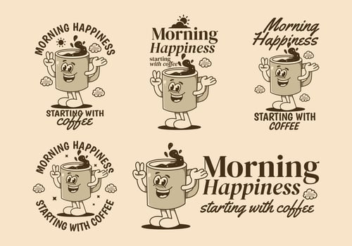 Morning happiness starting with coffee. Vintage mascot character of coffee mug with happy face vector