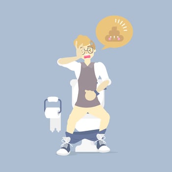 man using flush toilet, having stomach ache, suffering from diarrhea or constipation, health care, sanitation concept, flat character design clip art vector illustration cartoon