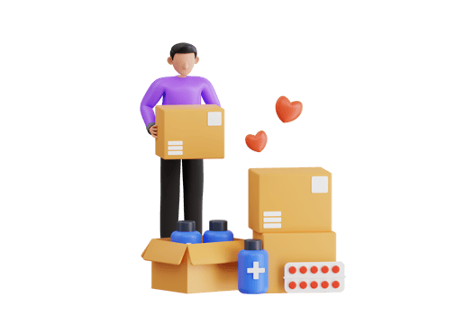Medicine Donation 3D Illustration. Boy Collects Medical Donations 3D Illustration png