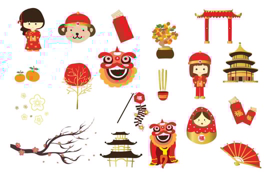 Chinese object element set with lion,girl,temple.Vector illustration for postcard,banner vector
