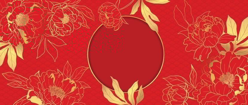Happy Chinese new year background vector. Year of the dragon design wallpaper with Chinese pattern, peony flower, foliage. Modern luxury oriental illustration for cover, banner, decor. vector