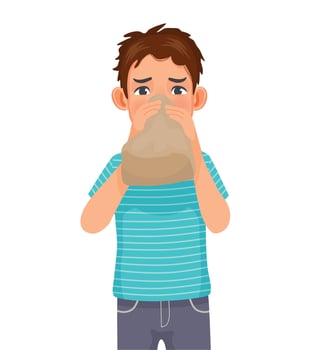 Young man having panic attack breathing into paper bag vector