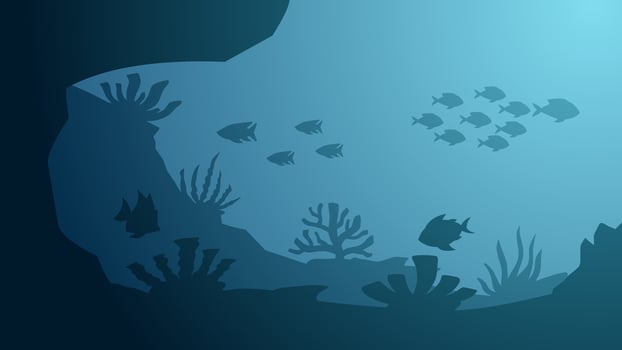 Seascape vector illustration. Scenery of marine life with coral reef and fish in the bottom sea. Underwater wildlife for illustration, background or landscape