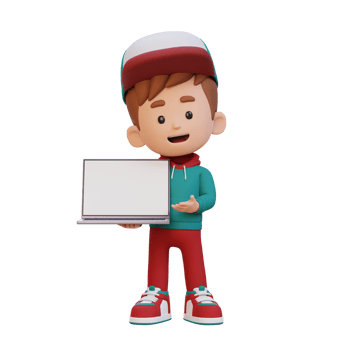 3D kid Character Holding and Presenting to a Laptop with Empty Screen png
