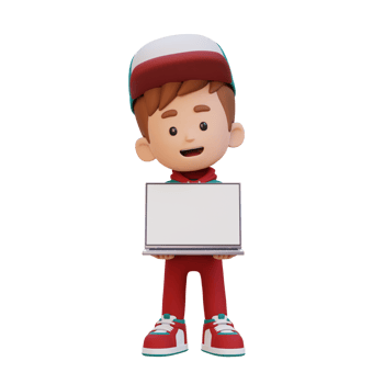 3D kid Character Holding and Presenting to a Laptop with Empty Screen png