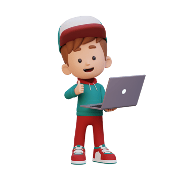 3D cute kid character give a thumb up while holding a laptop png
