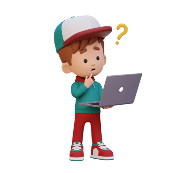 3D cute kid character confused on a laptop png