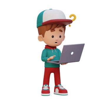 3D cute kid character confused on a laptop png