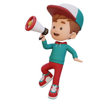 3D cute kid Character jumping and talking on Megaphone png