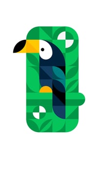 Toucan flat illustration with simple minimalistic geometric shapes. Colorful abstract mosaic. Isolated tropical bird template from square, rectangle, circle. Jungle toucan vector