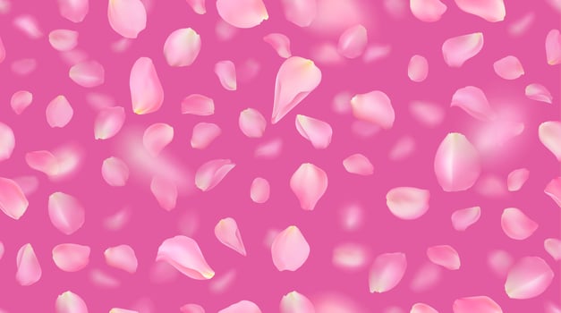 Seamless pattern with realistic flying pink rose petals on bright background. Repeating texture with voluminous blurred falling sakura petal. illustration with blur effect. vector