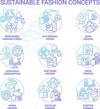 2D gradient thin line icons set representing sustainable fashion, isolated vector, linear illustration. vector