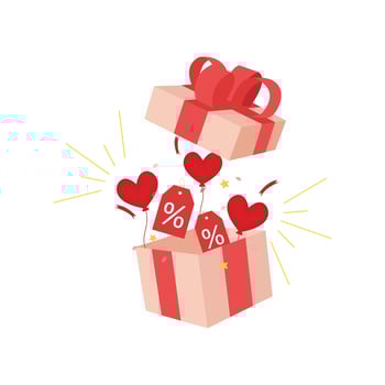 surprise open gift box valentine theme with pink ribbon, confetti, discount voucher and heart balloons vector illustration