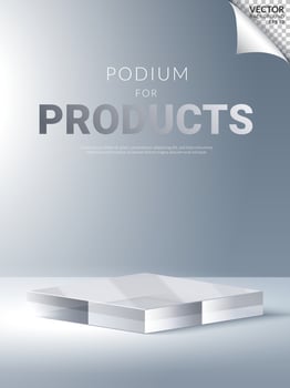 White background square transparent poduim crystal glass stage for beauty cosmetics product display. 3D Vector illustration