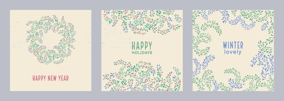 Set of holiday, winter, Christmas, New Year cards with a hand drawn  Christmas wreath and unique floral ornament. Vector illustrations of printing, poster, corporate invitation, greeting cards.