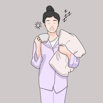 Young girl standing yawning sleepy holding pillow vector