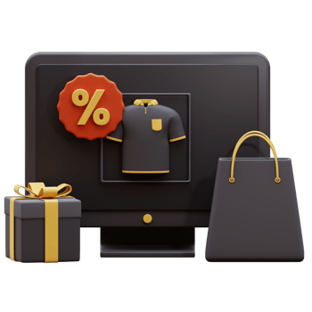 3D Monitor desktop with awning store shopping bag and gift box. Black friday sale social media promotion 3d icon. 3d Online shopping on website Shopping bags in web stores. png