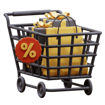 3D icon shopping cart with shopping bag and gift box. 3D render of Shopping Trolley with Parcel boxes. shopping cart with paper bag, gift boxes and shopping bags isolated. png