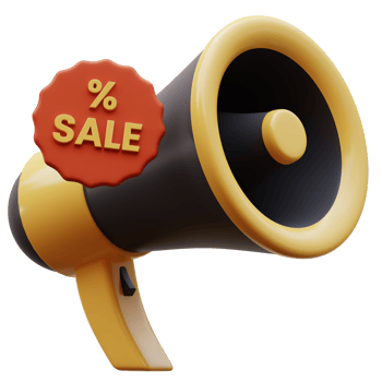 3d icon of loudspeaker with percent symbols. Megaphone and a percentage sign 3D render isolated. 3D icon of speaker. png
