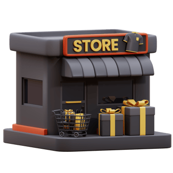 3D front store with  gift box. 3D icon of a store with black gift box and shopping trolley. 3D icon off store. 3D render minimal shop with gift box and shopping trolley. png