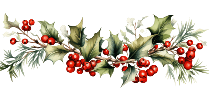 AI generated Christmas ornaments by painting branches with watercolors on a transparent background, including tree branches and holly sprigs adorned with red berries. AI Generation png